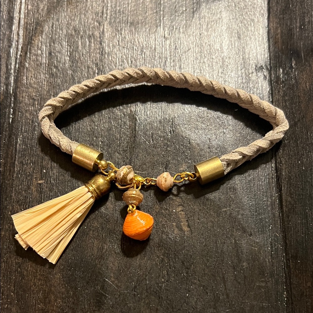 Gray Braided Leather Bracelet with Orange paper bead Charm